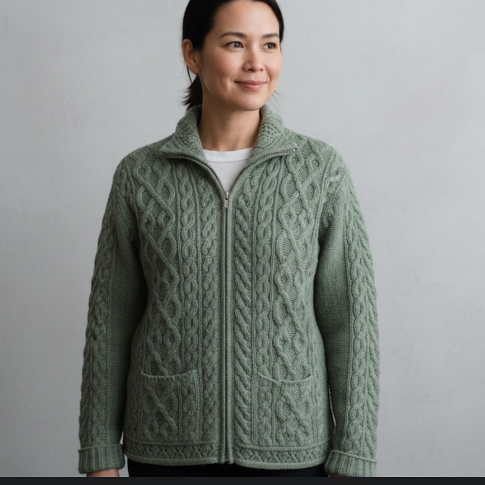 Aran Craft Irish Wool Cable Knit Zip Up Sweater Cardigan Sage Green Small